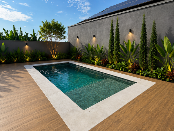 Piscina pastilhada com deck de madeira e paisagismo